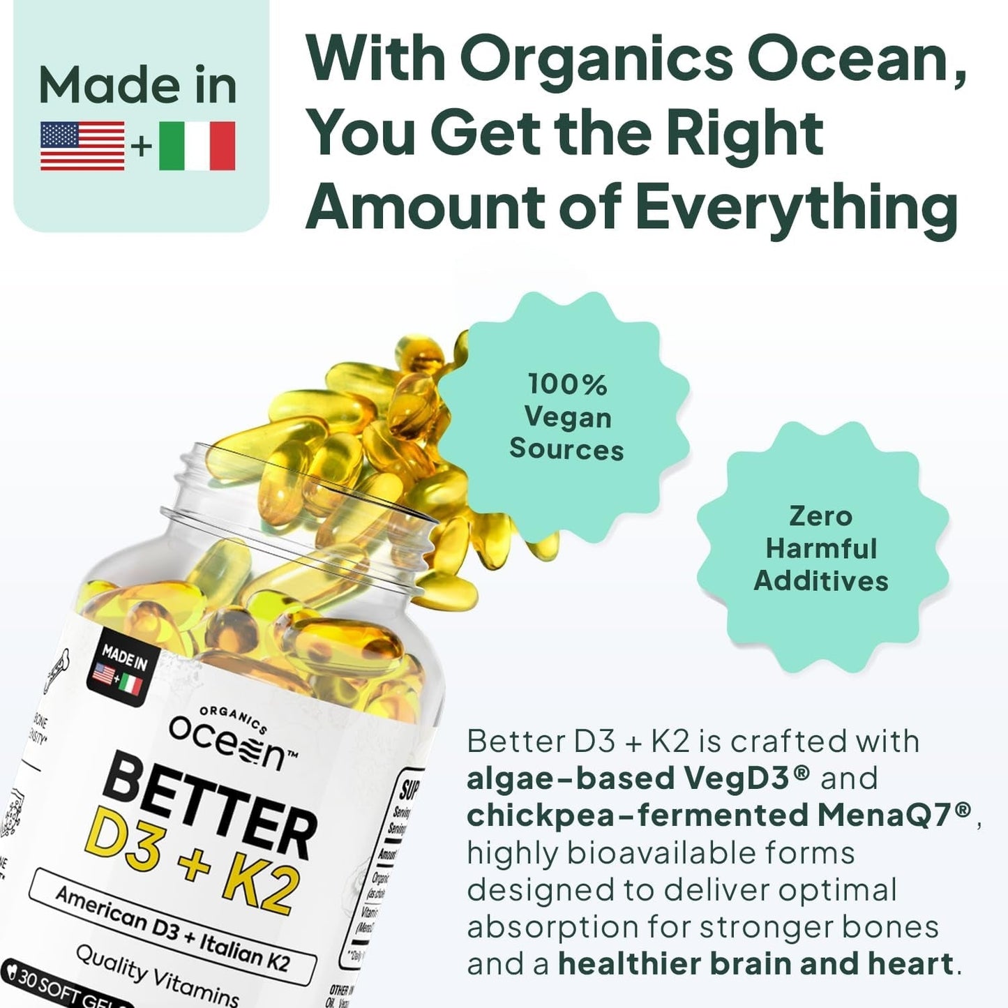 Organics Ocean Better D3 + K2-100% Organic VIT D3 and K2 Supplements with Maximum Bioavailability - Supports Bone Density, Calcium Balance, Immunity & Mood - 1-Pack, 30-Day Supply