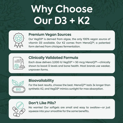 Organics Ocean Better D3 + K2-100% Organic VIT D3 and K2 Supplements with Maximum Bioavailability - Supports Bone Density, Calcium Balance, Immunity & Mood - 1-Pack, 30-Day Supply