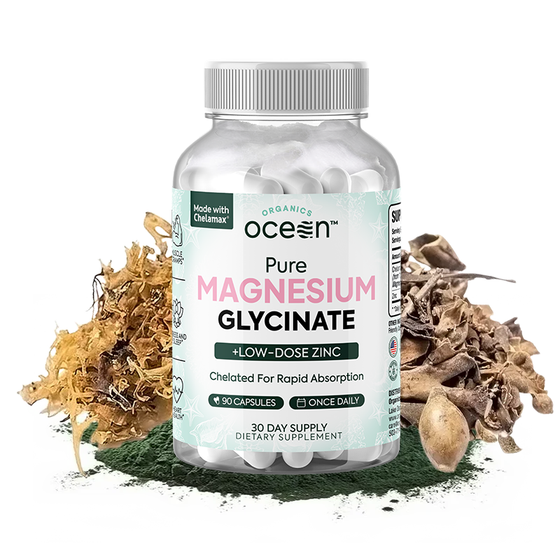 Organics Ocean Pure Magnesium Glycinate with Zinc - Maximum Strength Chelated Magnesium Supplement for Women and Men for Muscle Cramps and Sleep Support - 90 Capsule
