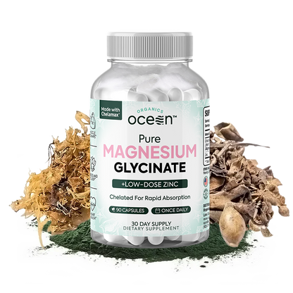 Organics Ocean Pure Magnesium Glycinate with Zinc - Maximum Strength Chelated Magnesium Supplement for Women and Men for Muscle Cramps and Sleep Support - 90 Capsule