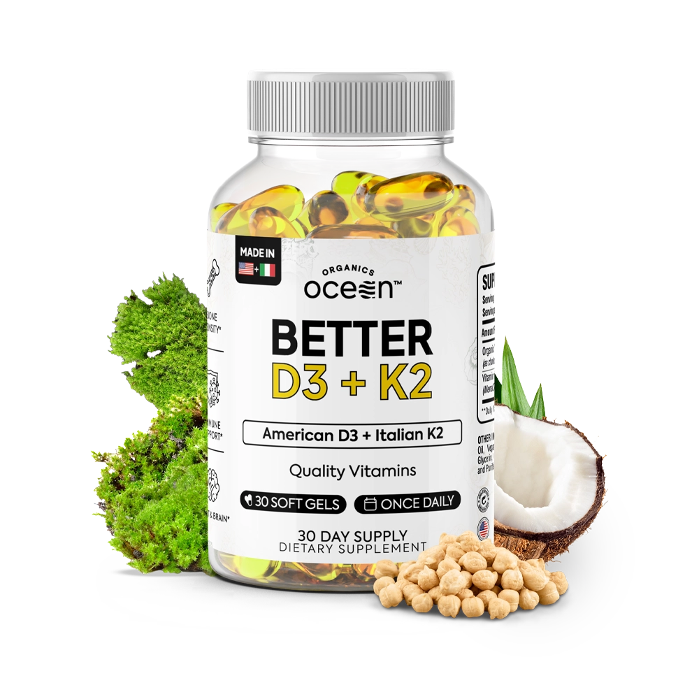 Organics Ocean Better D3 + K2-100% Organic VIT D3 and K2 Supplements with Maximum Bioavailability - Supports Bone Density, Calcium Balance, Immunity & Mood - 1-Pack, 30-Day Supply