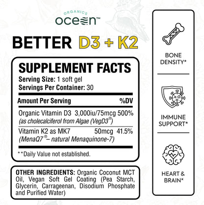 Organics Ocean Better D3 + K2-100% Organic VIT D3 and K2 Supplements with Maximum Bioavailability - Supports Bone Density, Calcium Balance, Immunity & Mood - 1-Pack, 30-Day Supply